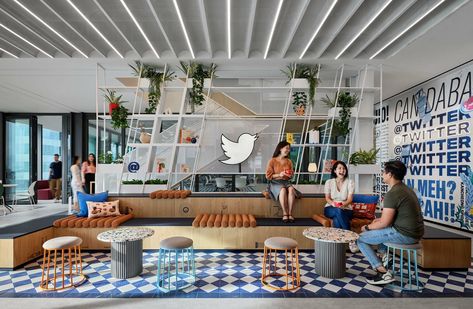 Twitter Singapore | Woods Bagot Woods Bagot, Tiered Seating, Deck Table, Coworking Office, Office Snapshots, Gathering Space, Food Hall, Workspace Design, Low Stool