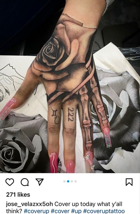 Finger Skeleton Tattoo, Skeleton Hand Tattoo With Flowers, Skull Finger Tattoo, Skull Hand Tattoos, Skull Finger Tattoos, Skeleton Finger, Face Tattoos For Women, Rose Hand Tattoo, Skull Hand Tattoo