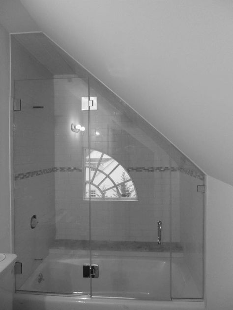 Frameless Glass Shower Enclosure with angled ceiling - Contemporary - Shower Stalls And Kits - New York - by ATM Mirror and Glass | Houzz Sloped Ceiling Bathroom, Attic Shower, Attic Bathroom Ideas, Frameless Glass Shower Enclosure, Small Attic Bathroom, Angled Ceiling, Frameless Glass Doors, Small Bathtub, Glass Shower Door