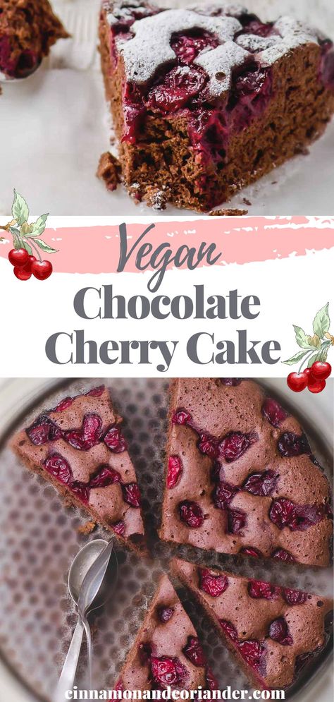 Vegan cherry chocolate cake - simple, moist, and chocolaty. The vegan fresh cherry cake can be made gluten-free and sugar free and can also be baked in a loaf tin or as muffins. So decadent and indulgent, but made from wholesome ingredients! Vegan Chocolate Cherry Cake, Vegan Cherry Recipes, Vegan Cherry Cake, Chocolate Cherry Loaf Cake, Cherry Cake Recipes, Fresh Cherry Cake, Cherry Chocolate Cake, Cherry Cake Recipe, Cherry Bread