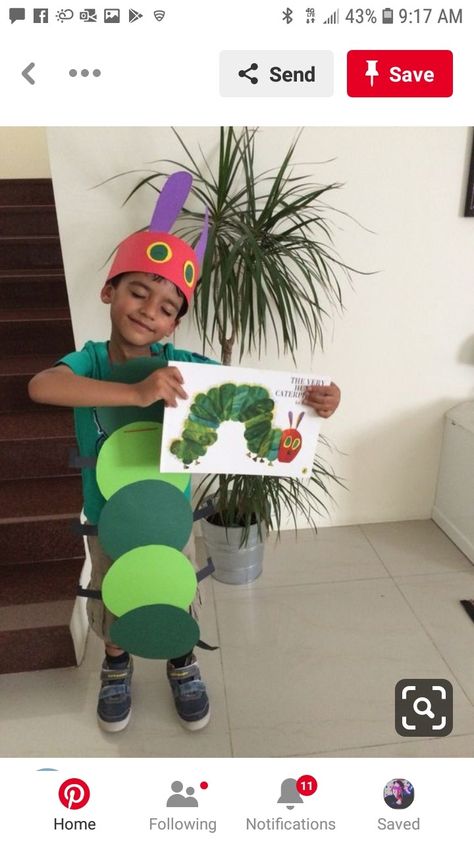 Hungry Caterpillar World Book Day, Hungry Caterpillar Book Week Costume, Hungry Caterpillar Costume Diy Kids, Diy Hungry Caterpillar Costume, Hungry Caterpillar Story Props, Diy Caterpillar Costume, Funny Kids Halloween Costumes, The Very Hungry Caterpillar Costume, Very Hungry Caterpillar Costume