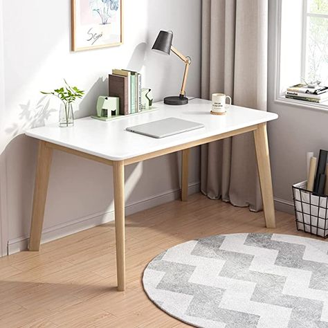 Amazon.com: IOTXY Simple Wooden Writing Desk - Freestanding Modern PC Laptop Computer Workbench with Solid Wood Legs for Home Office, TV Table, Music Live Desk, White/Oak : Home & Kitchen Simple Wooden Desks, Nordic Desk, White Wood Desk, Tv Desk, Wooden Study Table, Workbench Organization, Wooden Writing Desk, Table Study, Study Table Designs