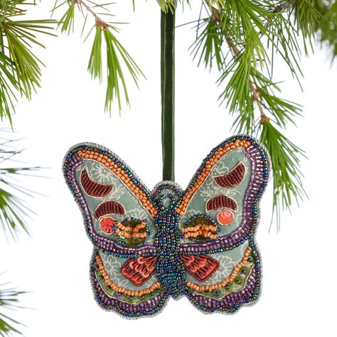 Block Print Fabric Beaded Butterfly Ornament - World Market World Market Christmas Decor, Whimsy Christmas, Butterfly Garland, Indian Block Print Fabric, Rugs Outdoor, Beaded Butterfly, Butterfly Ornaments, Fabric Butterfly, Diy Butterfly