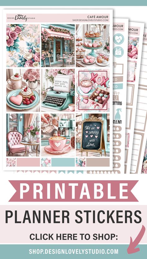 Transform your Erin Condren planner with these Valentine’s-themed weekly printable stickers! Perfect for February, this kit blends functional elements like habit trackers, appointment labels, and icons with romantic café-inspired designs in blush pink and teal. Includes PDFs and Cricut/Silhouette cut files for effortless planning. Download now to bring love to your planner!