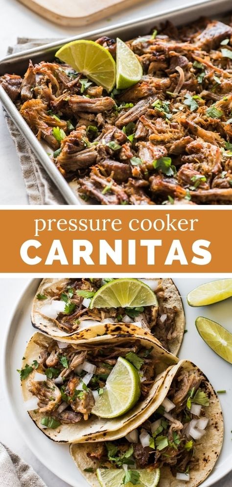 Crispy pressure cooker carnitas are juicy, fall apart tender, and ready in only 1 hour and 10 minutes! Easy to make in the Instant Pot! Made from a blend of Mexican spices, pork shoulder, broth, and lime juice, they’re easy to make, use simple easy-to-find ingredients, and are perfect for serving in tacos, burritos, quesadillas, and enchiladas! Carnitas Instant Pot, Pressure Cooker Carnitas, Pork Sirloin Roast, Isabel Eats, Pressure Cooker Pork, Pork Sirloin, Pork Shoulder Recipes, Sirloin Roast, Carnitas Recipe