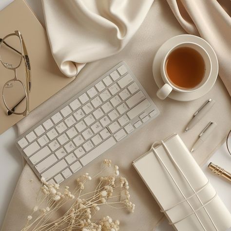 Photo aesthetic feminine workspace with ... | Premium Photo #Freepik #photo #stylish #eyeglasses #desk-top-view #keyboard Blogger Aesthetic Laptop, Rose Gold Laptop Aesthetic, Laptop Flatlay, Desk Flatlay Minimal, Girl Typing Laptop Aesthetic, Aesthetic Feminine, A Keyboard, Stylish Eyeglasses, Desk Top