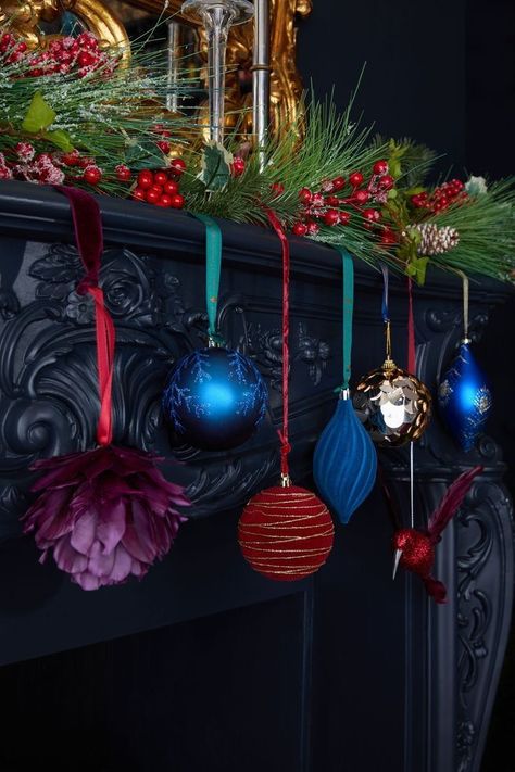 Jewel Tone Christmas Decor, Maximalist Christmas Decor, Jewel Tone Christmas, Lights For Christmas, Navy Christmas, Christmas Mantle Decor, Dark Christmas, Christmas Mantle, 2023 Vision