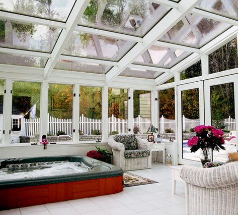 Sunroom Hot Tub, Spa Room Ideas | Sunquest Inc. of Maryland Solarium Room, Glass Sunroom, Indoor Hot Tub, Garage Pergola, Conservatory Greenhouse, Hot Tub Room, Hot Tub Patio, 4 Season Room, Covered Back Patio