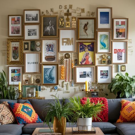 Gallery wall ideas💖💖💖 Eclectic Photo Gallery Wall, Graphic Design Gallery Wall, Gallery Walls With Shelves, Maxamilist Gallery Wall, Pop Art Gallery Wall, Gallery Wall Maximalist, Gallery Wall With Plants, Gallery Wall Over Couch, Urban Loft Apartment