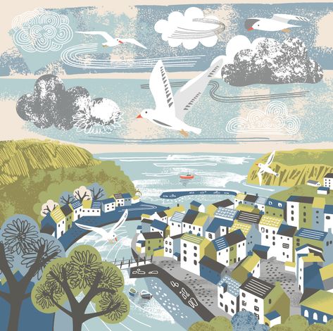 Illustration of the seaside village of Staithes, in North Yorkshire by monqui. Seaside Town Illustration, Brindlewood Bay, Storybook Art Illustrations, Seaside Illustration, Monster Reference, Village Illustration, Moon Story, Village By The Sea, Village Drawing