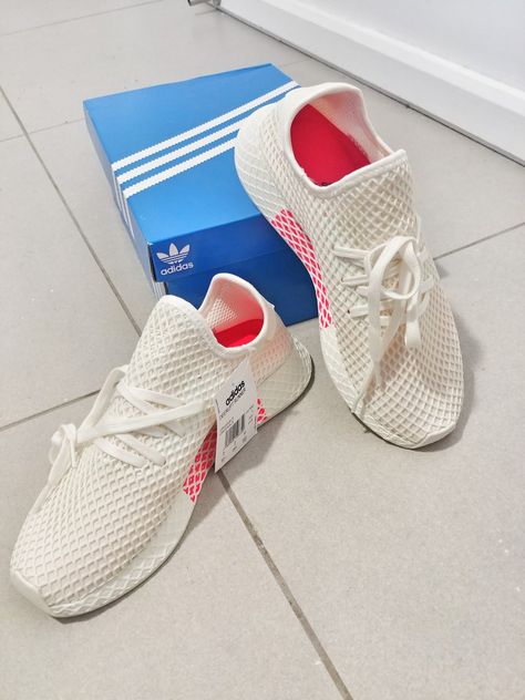 Addidas deerupt off white/shock red Adidas Deerupt, Off White, Adidas, Sneakers, Red, White