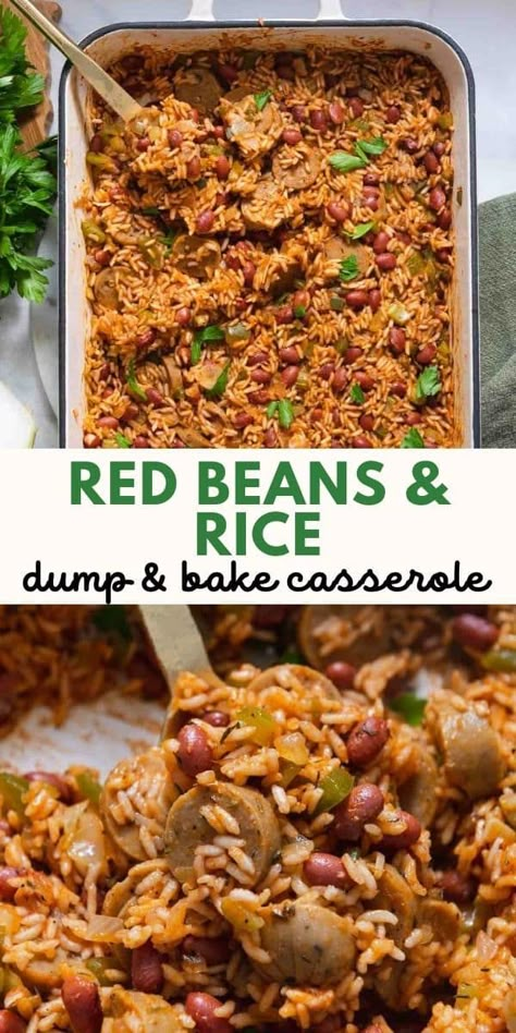 Inspired by red beans and rice, this easy rice bake is a dump & bake casserole that requires just 10 minutes of active time to make. The result is perfectly fluffy rice filled with savory Cajun-inspired flavors! Veggie Red Beans And Rice Recipe, Red Beans And Rice Casserole, Red Beans And Rice Recipe Vegetarian, One Pot Vegetarian Meals, Cajun Red Beans And Rice Recipe, Rice Beans Recipe, Beans And Rice Recipes, Red Beans And Rice Recipe Easy, Vegetarian Supper