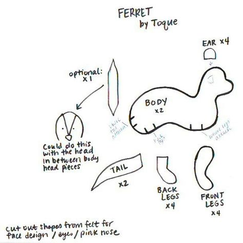 Ferret Sewing Pattern Free, Ferret Plush Pattern, Ferret Sewing Pattern, Polymer Clay Ferret, Felt Patterns Free, Ferret Toys, Ferret Stuff, Stuffed Animal Ideas, Marker Ideas