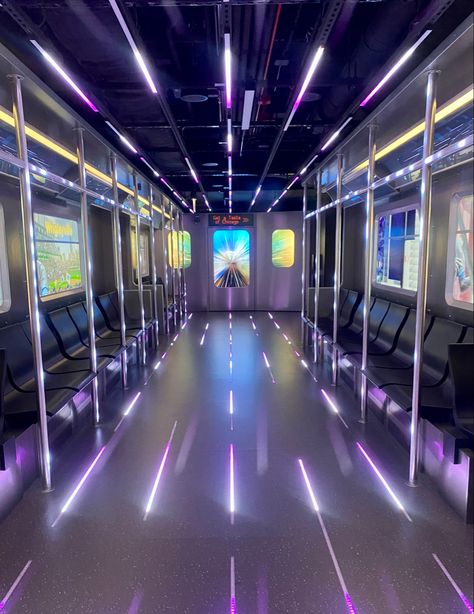 #chicago #subway #searstower #city #seats #purple #lights #LED #tourist Neon Ideas, Subway System, Purple Lights, Train Light, Sears Tower, Subway Train, Lights Led, Summer School, Experiential