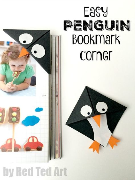 Easy Penguin Bookmark Corner - Red Ted Art - Make crafting with kids easy & fun Penguin Bookmark, Origami Envelope Easy, Origami Bookmark Corner, Bookmark Corner, Red Ted Art, Winter Diy Crafts, Penguin Craft, Origami Bookmark, Origami Envelope