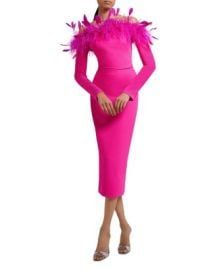 Tamron’s pink feather trim off shoulder dress on Tamron Hall Show Feather Trim Dress, Long Sleeve Dress Formal, Unique Prom Dresses, Tube Top Dress, Red Feather, Feather Trim, Trim Dress, Split Dress, One Piece Dress