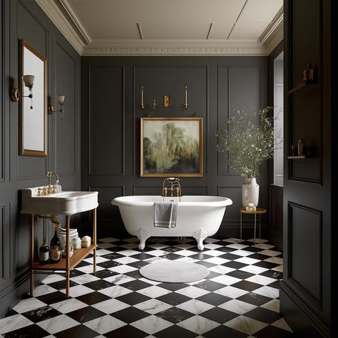 Victorian Style Bathroom, Dark Bathrooms, Art Deco Living Room, Art Deco Bathroom, Victorian Bathroom, Deco Bathroom, Bad Inspiration, Bathroom Paint Colors, Black And White Tiles