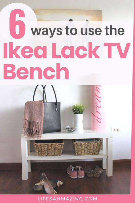 The Ikea Lack TV Bench is a versatile piece of furniture that's perfect for a small space. Check out 6 ways the TV bench can be styled and used around your home. Lack Bench Hack, Ikea Lack Tv Bench Hack, Ikea Tv Bench Hack, Ikea Hack Tv Bank, Ikea Perjohan Bench Hack, Ikea Shoe Bench Hack, Lack Ikea Tv, Lack Tv Stand Hack, Ikea Lack Tv Stand Hack