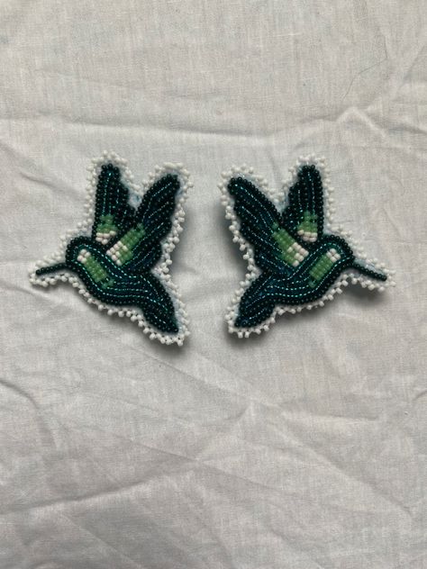 Native beadwork hummingbird earrings Hummingbird Earrings Beaded, Hummingbird Beadwork, Beadwork Projects, Cab Earrings, Fancy Shawl Regalia, Hummingbird Wings, Fancy Shawl, Blue Hummingbird, Jingle Dress