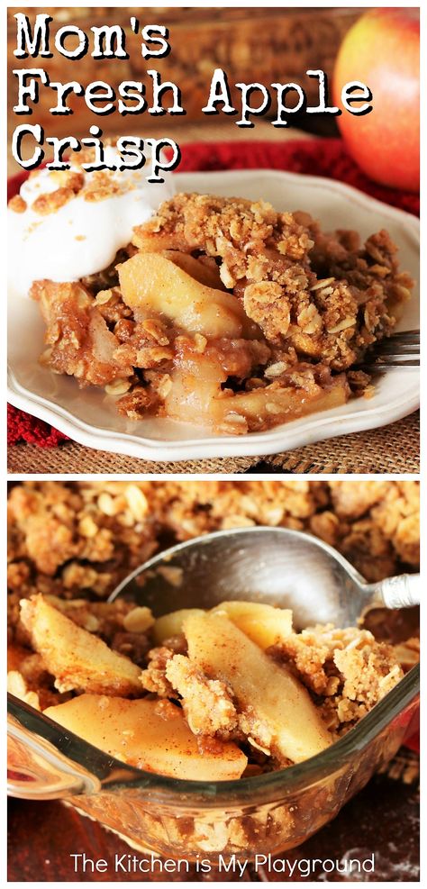 Mom's Fresh Apple Crisp ~ Loaded with tender baked fresh apples, crumb topping & the warm flavors of brown sugar and cinnamon, this is a pan full of pure fall comfort. Truly one of the easiest-to-make desserts around! #applecrisp #freshapplecrisp  www.thekitchenismyplayground.com Fresh Apple Recipes, Apple Crisp Without Oats, Slow Cooker Apple Crisp, Best Apple Crisp Recipe, Apple Crisp Cheesecake, Baked Apple Recipes, Easy Apple Crisp Recipe, Apple Crisp Easy, Apple Crumb