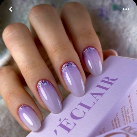 French Nails With Glitter Base, Purple Crystal Nails, Nail Purple Design, Glitter Base Nails, Lila Nail Art, Pretty Purple Nails, Lila Nails, Nail Art Purple, Baby Glam