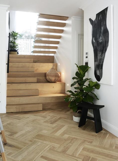 Our parquetry and stairs installed by our good friend Roy Miller of Wildwood in Brisbane. Parquetry Floor, Solid Oak Floors, Hall Flooring, Haddon Hall, French Oak Flooring, Parquetry, Laundry Room Design, French Oak, Block Pattern