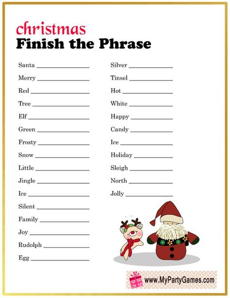 Free Printable Finish the Phrase Game for Christmas Christmas Finish My Phrase Game, Christmas Finish My Phrase Free Printable, Finish My Phrase Christmas, Free Printable Christian Christmas Games, Think Fast Christmas Game, Christmas Fill In The Blank Game, Christmas Games For Family Free, Christmas Game Printables Free, Christmas Games For Family Funny Free Printable