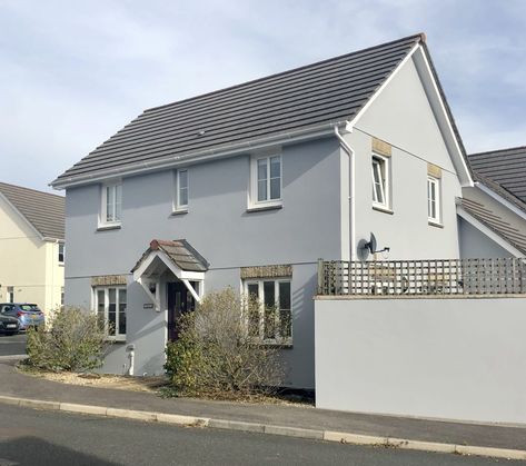 WE have recently finished updating this house in Helston. Installing new white fascias, soffits and white half round guttering and down pipes. Also we have painted the exterior walls with a dove grey paint. Grey Rendered House, White And Grey House, Grey House Exterior, Rendered House, Grey Window Frames, Dove Grey Paint, Lodge Exterior, Exterior Gray Paint, Gray House Exterior