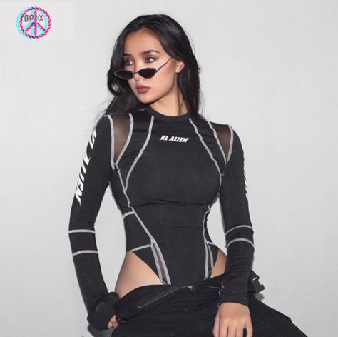 Reflective Mesh Bodysuit | Diplomatic Xchange Female Workout, Slim Bodysuit, Bodysuit Tops, Turtleneck Bodysuit, Casual Rompers, Fashion Female, Mesh Bodysuit, Womens Turtleneck, Print Bodysuit