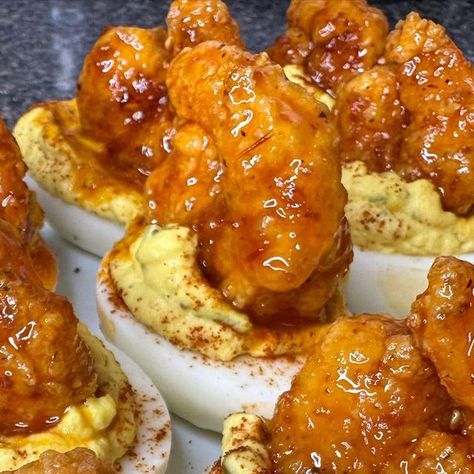 Dwalette King on Instagram: "Honey Nashville Hot Lemon Pepper 🍤🍤Deviled Eggs🤤 Do you like Deviled Eggs ❓ Video coming tomorrow 🥰 ❤️ Click the link in my bio to purchase individual recipes and my Wing Recipe Ebook ❤️ Follow me @platedbydee for more amazing food content 🥰 . . . . . . . . . . . . . . . . . . . . . . . . . . . . . . . . . . . . . . . . . . . . . . #deviledeggs #shrimp #friedshrimp #hothoney #deviledegg #boiledeggs #appetizers #sweetandspicy #explorepage✨" Deviled Egg Hot Dog, Fried Shrimp Deviled Eggs, Deviled Eggs With Shrimp On Top, Hot Honey Deviled Eggs, Hot Honey Shrimp Deviled Eggs, Deviled Eggs Shrimp, Egg Business, Individual Recipes, Shrimp Deviled Eggs