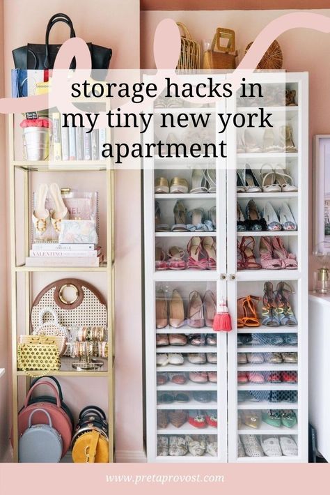 storage hacks in my tiny new york apartment that just make sense | pottery barn bed | storage ottoman | customizable clothing rack | space saving hangers | sunglass holder | jewelry & accessory storage | handbag shelves | shoe cabinets | marie kondo everything | prêt-à-provost #newyorkapartment #organization Shoe Rack Apartment Closet, Shoe Storage Living Room Small Spaces, Shoe And Handbag Rack Ideas, Shoe Storage Tiny Closet, Closet Organization Rental Apartment, Small Room Shoe Organization, Purse Organizers For Closets, Space Saving Clothing Storage, How To Organize Purses In A Small Space