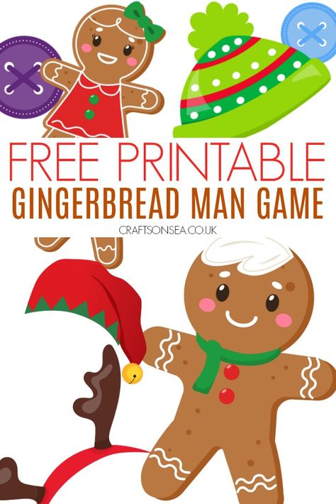 Gingerbread Man Game (FREE Printable) - Crafts on Sea Free Christmas Gingerbread Printables, Gingerbread Man Games Preschool, Gingerbread Bingo Printable Free, Paper Gingerbread Man Decorating Ideas, Gingerbread Snacks For Kids, Printable Puppets Free, Gingerman Crafts Kids, Gingerbread People Crafts, Gingerbread Man Crafts For Kindergarten