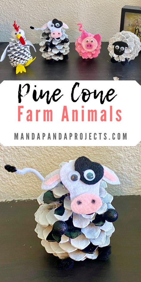 Farm Animals Craft, Simple Kids Crafts, Pinecone Art, Animals Craft, Pinecone Crafts Kids, Cow Craft, Farm Animal Crafts, Yellow Crafts, Pine Cone Art