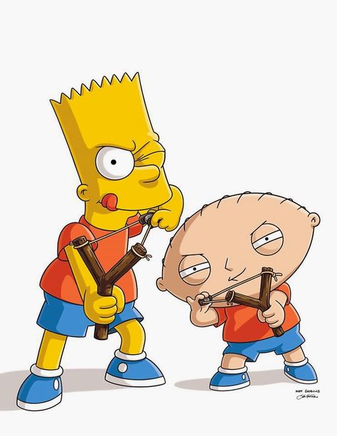 Bart Simpson and Stewie Griffin with Bart's favorite slingshot in The Simpsons Family Guy crossover episode The Simpsons, Cartoon Characters, Crossover, Family Guy