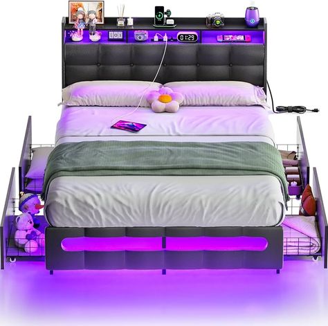 Amazon.com: Homieasy Full Size Bed Frame with Drawers Charging Station LED Light, Upholstered Full Bed Frame with Storage Headboard, Heavy Duty Wood Slats, No Box Spring Needed, Noise Free, Grey : Home & Kitchen Cute Headboards For Beds, Bedroom Beds & Frames, Queen Bed Frame With Storage, Bed Frame With Storage Headboard, Upholstered Queen Bed Frame, Upholstered Full Bed, Barbie Invitations, Charge Station, Led Bed