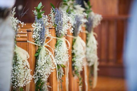 Lavender and Gyp Pew Ends Flower Arrangement For Church, Chapel Decor, Wedding Aisles, Pew Flowers, Wedding Motif, Church Aisle, Wedding Church Decor, Pew Decorations, Wedding Pews