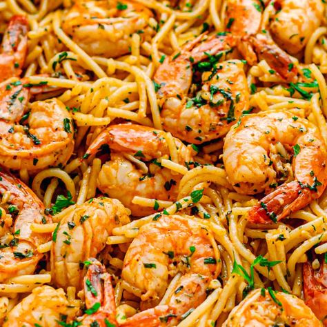 Honey Garlic Shrimp Pasta, Garlic Shrimp Spaghetti, Shrimp With Spaghetti Noodles, Shrimp Asparagus Pasta Recipes, Shrimp And Noodle Recipes, Shrimp Old Bay Recipes, Brown Butter Shrimp Pasta, Grilled Shrimp Pasta, Shrimp Pasta Recipes Easy Garlic Butter