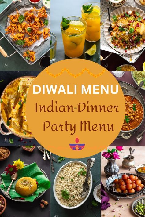 A collage Diwali Menu of 9 vegetarian and vegan indian dinner party recipes Lunch Party Menu, Indian Dinner Party, Diwali Dishes, Indian Dinner Menu, Diwali Dinner, Indian Food Menu, Vegetarian Party, Vegetarian Party Food, Tandoori Paneer