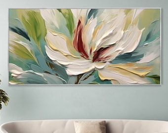 Abstract Floral Thick Texture White Blossoms Graceful Modern Wall Decor Horizontal Oil Painting Living Room Bedroom Art Handmade Original Horizontal Abstract Painting, Oil Painting Living Room, Sabah Malaysia, Oil Painting Gallery, Paintings For Living Room, Floral Wall Art Canvases, Painting Living Room, Painting Canvases, Modern Oil Painting