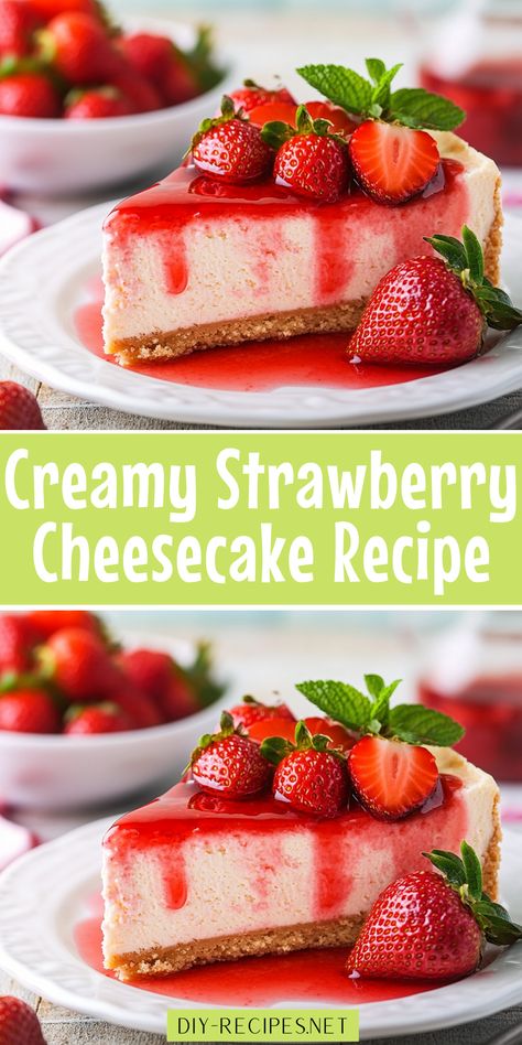 Learn how to make a creamy and rich strawberry cheesecake topped with fresh strawberries and a sweet, tangy sauce. Perfect for special occasions! How To Make A Cheesecake, Strawberry Shortcake Cheesecake Recipe, Strawberry Cheesecake No Bake, Strawberry Shortcake Cheesecake, Strawberry Cheesecake Recipe, Frozen Strawberry, Strawberry Glaze, Strawberry Topping, Baked Strawberries