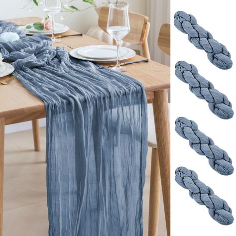 PRICES MAY VARY. 【Cheesecloth Table Runner】 Size: 35" W x 120" L. You will get 4 pieces 10FT length cheesecloth table runner. The sheer rustic table runner is long enough to span a large table and drape gracefully across the table. It will gently sway in the wind, adding a romantic atmosphere to your occasion. These eye-catching gauze table runners are ideal for arranging an elegant, stylish tablescape. 【Soft and Reusable】 The long table runner is made of high-quality wrinkled design gauze fabri Vintage Wedding Table, Rustic Table Runners, Blue Table Runner, Table Runner Size, Long Table Runner, Holiday Christmas Party, Table Runners Wedding, Romantic Atmosphere, Long Table