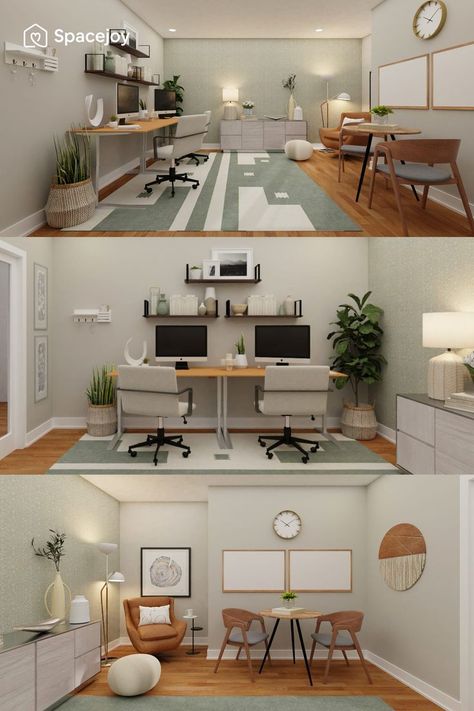 A perfect office for two and some meeting space with sage accents looks stylish. The design incorporates a functional layout. The home office has a coordinating color palette with green and earth tones accents but in different proportions. The structure has been made keeping in mind an easy flow or circulation and an efficient way of using the space. It includes a shared space with two desk set-ups, a credenza, a seating/reading corner, and an area for collaboration and whiteboarding. Two Desk Home Office Layout, Home Office Two Desks Layout, Home Office Two Desks, Office With Two Desks, Color Palette With Green, Palette With Green, Home Office For Two, Shared Home Office, Office Seating Area