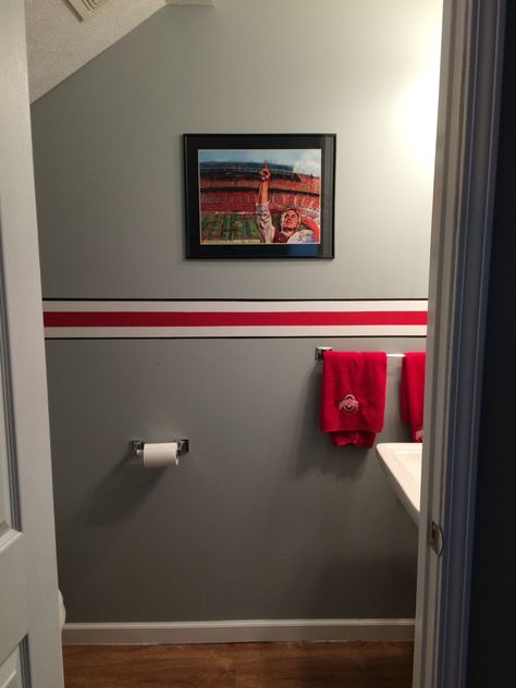 Ohio State bathroom Ohio State Bathroom, Ohio State Bedroom, Ohio State Buckeyes Room, Ohio State Rooms, Baseball Bathroom, Sports Bathroom, Football Room, Football Rooms, Man Cave Ideas