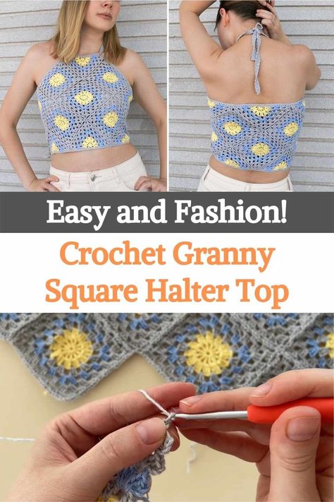 Do you like halter tops? You sure do! This crochet granny square halter top is the perfect piece for summer and beach days!For this halter top, you will need 2 balls in light grey, 1 in pastel yellow, and 1 in light sky blue with a 3 mm crochet hook.These colors in the granny squares are very summery, the pattern design is reminiscent of a beautiful clear sun in the sky. Crochet Granny Halter Top, Granny Square Halter Top, Square Halter Top, Sun In The Sky, Granny Square Blankets, Motifs Granny Square, Small Motifs, Crochet Halter Top, Granny Square Pattern