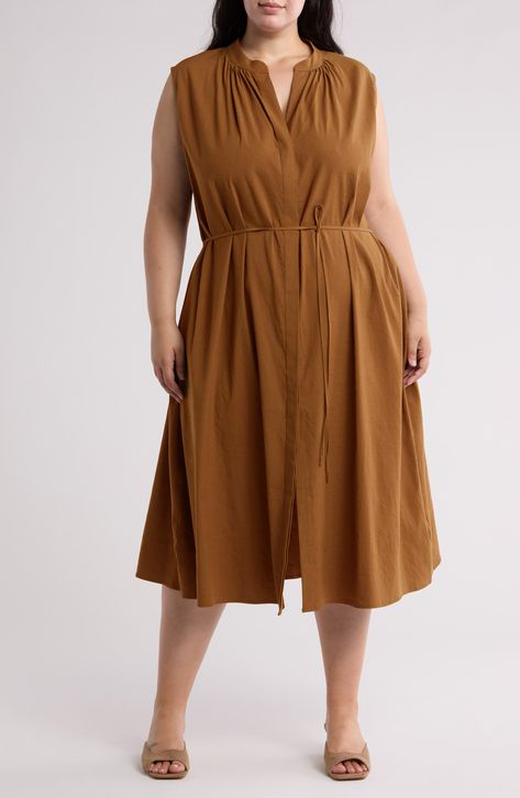 Vince Sleeveless Linen Blend Midi Dress available at #nordstromrack Sunny Season, Dress Shapes, Fabric Gift Bags, Band Collar, Fabric Gifts, Free Fabric, Anniversary Sale, Nordstrom Dresses, Button Placket