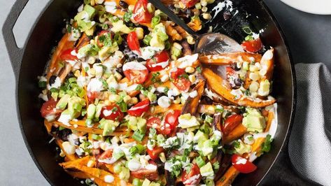 Loaded Sweet Potato Nacho Fries Recipe | EatingWell Loaded Sweet Potato Fries, Easy Comfort Food Recipes, Lunch Kids, Kids Veggies, Nacho Fries, Sweet Potato Nachos, Dinner Vegetarian, Recipes Salads, Loaded Sweet Potato