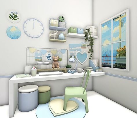 Bloxburg Desk Area Ideas, Bloxburg Bedroom Desk Ideas, Cute Room Bloxburg, Bloxburg Makeup Desk Ideas, 1 Floor House Design Bloxburg, Shelf Ideas Bloxburg, Bloxburg Desk Ideas Aesthetic, Bloxburg Makeup Desk, Bloxburg Blue Bedroom