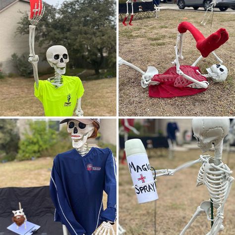 Costumes For Skeletons, Skeleton Dress Up Decor, How To Dress Up A Skeleton For Halloween, Dressing Up Skeletons For Halloween, Funny Yard Skeletons, Skeleton Dress Up Ideas, Poseable Skeleton Ideas Funny, Dressed Up Skeleton, Decorating Skeletons