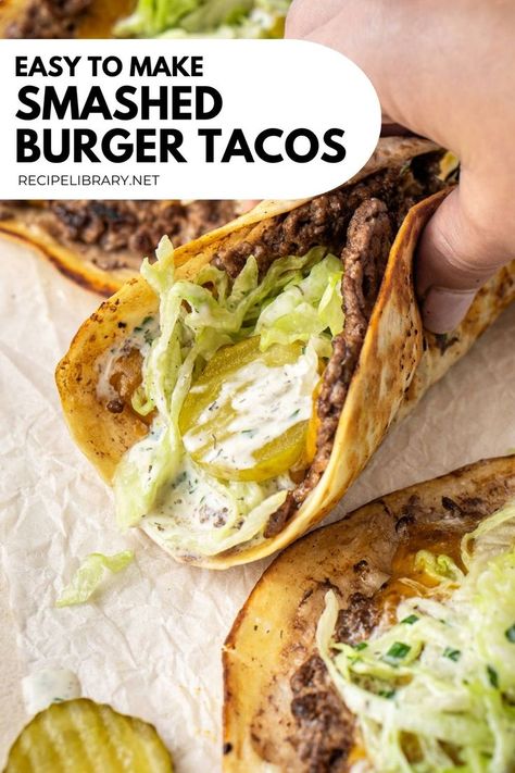 These smashed burger tacos are an amazing and easy-to-make combination of burgers and tacos. They’re delicious, super-quick and easy to make, and really simple to customize to your own taste Burger Tacos, Smashed Burgers, Smash Burger Recipe, Taco Burger, Tortilla Shells, Burger Press, Smash Burger, Beef Patty, Shredded Lettuce