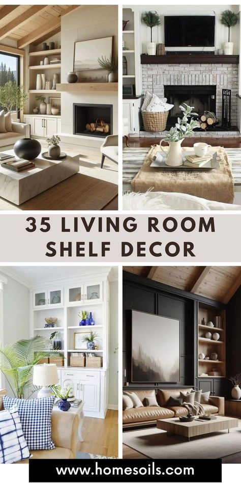 Discover 35 chic shelf decor inspirations for living rooms to elevate your space. Explore stylish arrangements, modern accents, and creative displays perfect for enhancing your shelves. Transform your living room with these inspiring decor ideas. How To Decorate Shelves In Living Room, Decorating Floating Shelves Living Room, Decorating Built In Shelves Living Room, Open Shelving Living Room, Living Room Shelves Decor, Built In Bookshelves Decor, Modern Farmhouse Shelf Decor, Floating Shelf Decor Living Room, Chic Shelf Decor